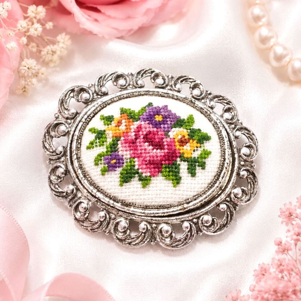 Vintage Silver Tone Framed Floral Pettipoint Brooch